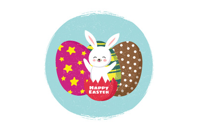 Happy easter card vector template with cartoon bunny and coloring eggs