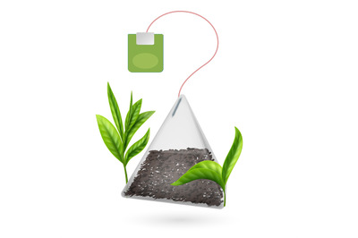 Realistic vector tea bag pyramid with tea leaves isolated on white bac