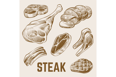 Sketch meat, hand drawn steak vector set