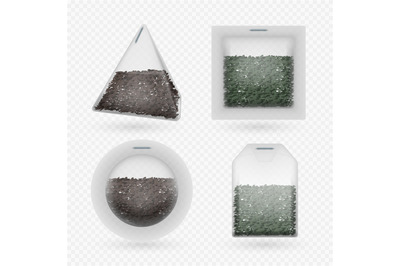 Vector tea bags with black and green brewing tea isolated on transpare