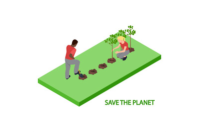 Volunteers plant trees 3d isometric vector illustration