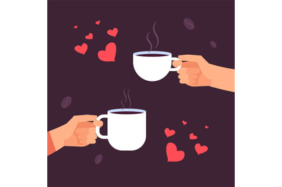 Coffee lovers vector concept, hands with coffee cups and hearts