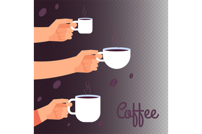 Coffee vector banner background with hands holding cups of hot drink