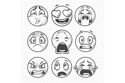 Hand drawn dissatisfied sad faces, smiles vector set