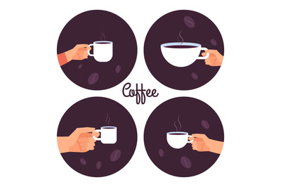 Hands holding cups of coffee vector icons set