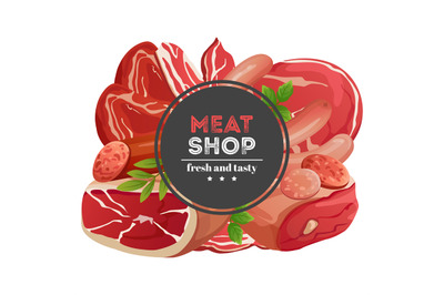 Meat shop emblem with meat products vector illustration