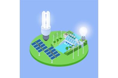 Ecological energy isometric vector with solar panels