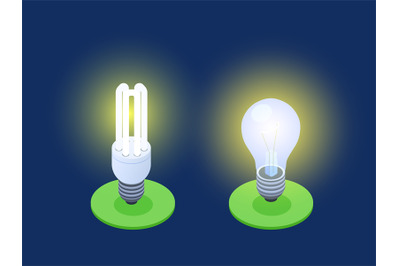 Energy-saving and LED lamps isometric vector illustration