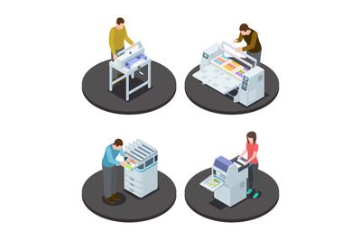 Isometric printing house icons concept with digital rotary large forma