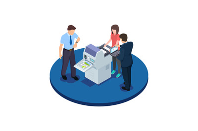 Office workers are testing a new printer isometric vector concept