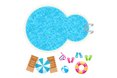 Swimming pool and summer accessorises top view vector elements