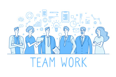 Teamwork line concept. Creative business team office workers, employee