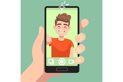 Man taking selfie photo on smartphone. Smiling male character making s