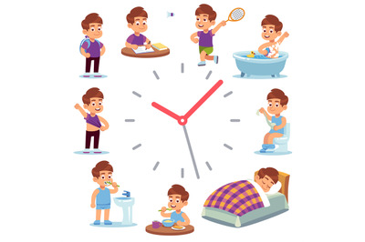 Daily routine clocks. Daily routine clocks. Schedule of happy boy life