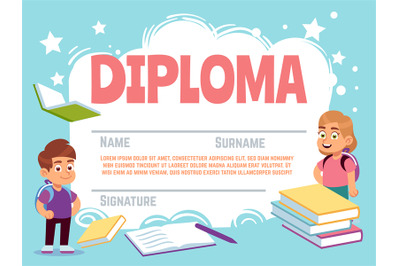 Kids diploma. Fun children celebrating certificate with characters for