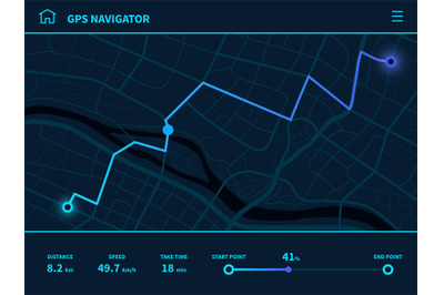 Route dashboard. Futuristic route UI, GPS tracking map navigator with