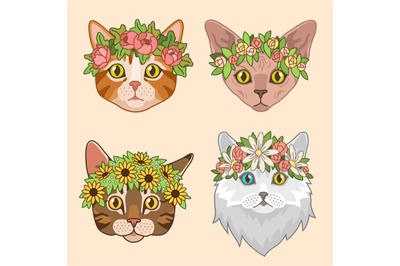 Cat heads with flower crown. Cute cats in floral wreath&2C; funny kitties