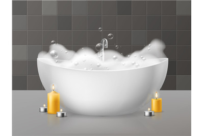 Bath with foam. Relaxing bath with soap bubbles foaming, bubbly bathtu