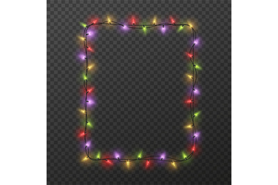 Frame with light garland. Christmas square border with color glowing l