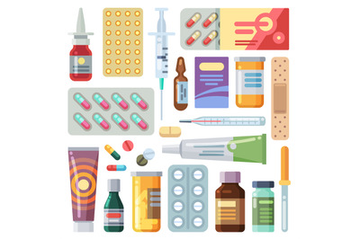 Flat pills. Medicine cartoon drugs, tablets and antibiotics. Medicatio