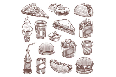 Fast food sketch. Pizza, donuts and ice cream, french fries and hambur