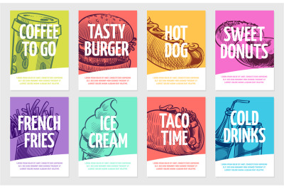 Fast food flyers. Coffee&2C; burger and hotdog&2C; pies and fries&2C; ice cream