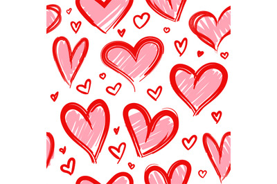 Sketch heart seamless pattern. Hand drawn red hearts, love romantic sy