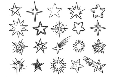 Sketch stars. Grunge star shapes&2C; black hand drawn vector elements for