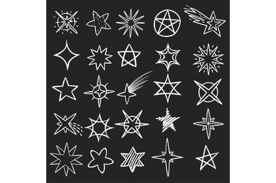 Hand drawn stars. Pen sketch star collection&2C; grunge shine black symbo