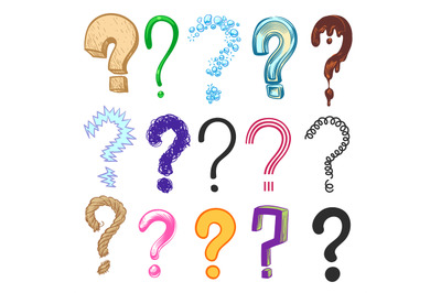 Question marks. Hand drawn color interrogation icons, sketch ask quest