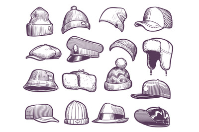 Sketch hats. Fashion mens caps design. Sports and knitted, baseball an