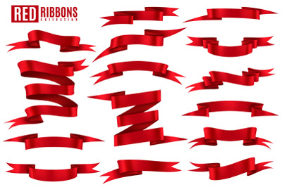 Red ribbon banner. Scarlet silk decorative empty shiny tape banners fo