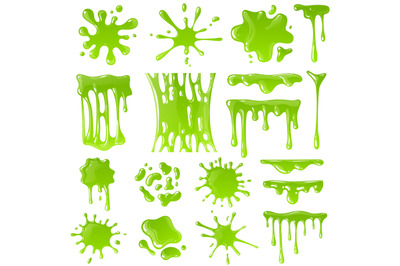 Green slime. Goo blob splashes, toxic dripping mucus. Slimy splodge an