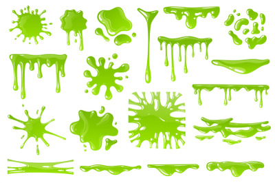 Green cartoon slime. Goo blob splashes, sticky dripping mucus. Slimy d