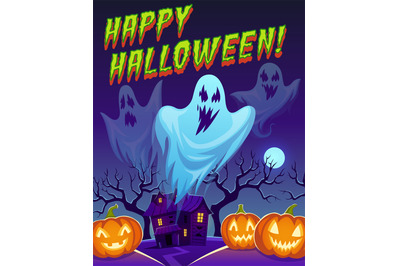 Ghosts poster. Happy halloween funny cute spirit characters, flying gh