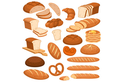 Cartoon bread. Bakery rye products, wheat and whole grain sliced bread