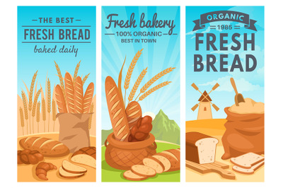 Bread banners. Rye bread bakery shop, wheat baguette and croissant, cu