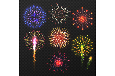 Realistic fireworks. Carnival multicolored firework explosion, christm