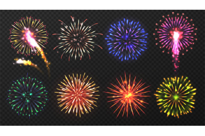 Fireworks. Various multicolored firework explosions with shining spark