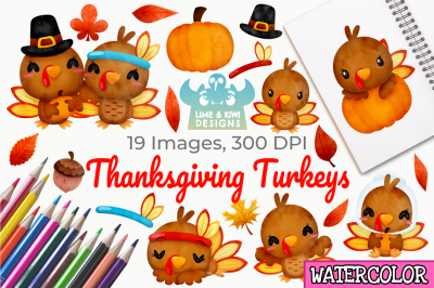 Thanksgiving Turkeys Watercolor Clipart, Instant Download