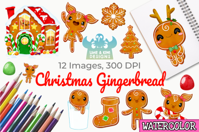 Christmas Gingerbread Watercolor Clipart, Instant Download