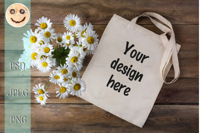 Rustic tote bag mockup with daisy