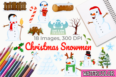 Christmas Snowmen Watercolor Clipart, Instant Download