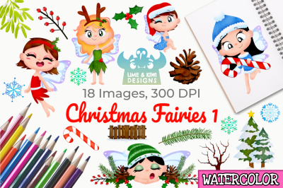 Christmas Fairies 1 Watercolor Clipart, Instant Download
