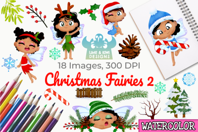 Christmas Fairies 2 Watercolor Clipart, Instant Download