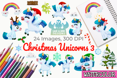 Christmas Unicorns 3 Watercolor Clipart, Instant Download Vector Art
