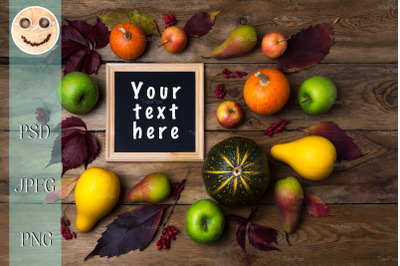 Rustic square frame mockup with pumpkins, pears