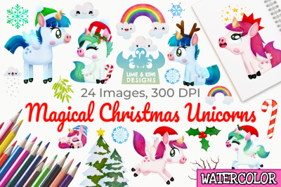 Christmas Unicorns 4 Watercolor Clipart, Instant Download