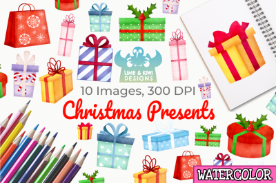 Christmas Presents Watercolor Clipart, Instant Download