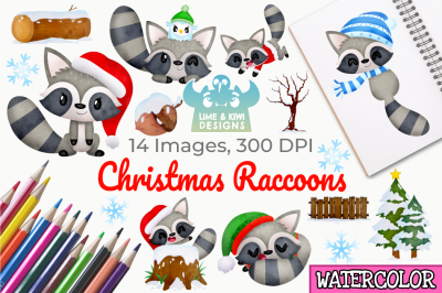 Christmas Raccoons Watercolor Clipart, Instant Download